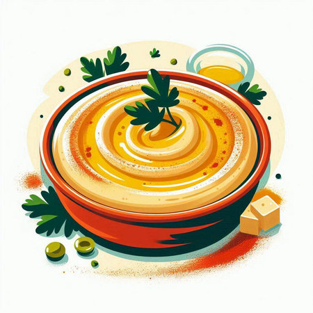 Vector illustration of bowl of hummus with parsley and olive oilのイラスト素材