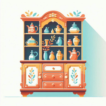 Vintage cupboard with vases and pottery. Vector illustration.のイラスト素材