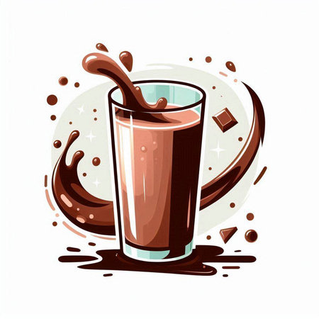 Vector illustration of glass of chocolate milkshake with splashes.のイラスト素材