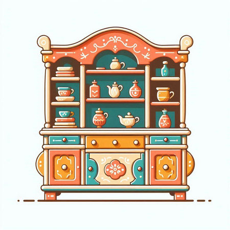 Coffee shop. Vector illustration in vintage style. Cupboard with tea cups, teapots and cookies.のイラスト素材