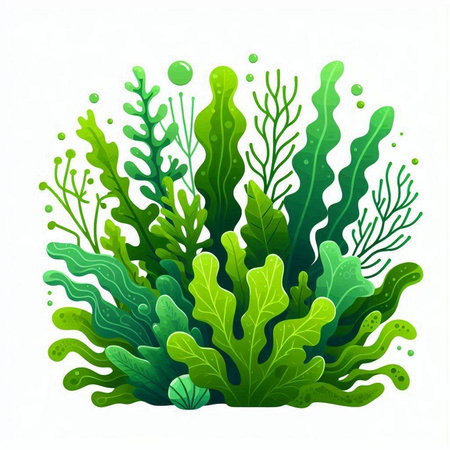 Green seaweed vector illustration isolated on white background. Underwater plant illustration.のイラスト素材