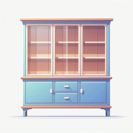 Illustration of a vintage wooden cabinet with drawers and bookshelfのイラスト素材