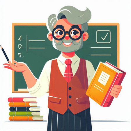Teacher in glasses with book and pencil. Vector illustration in cartoon styleのイラスト素材