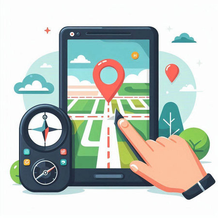 Navigation concept. Vector illustration in flat cartoon style. Smartphone with GPS navigator and navigator.のイラスト素材
