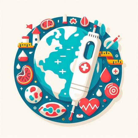 Vector flat illustration of world health day concept with thermometer and planet earthのイラスト素材