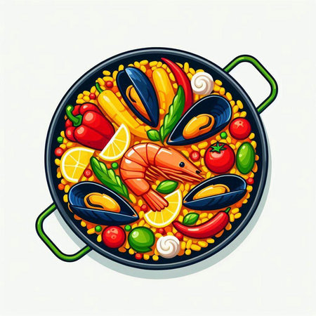 Seafood paella in a frying pan. Vector illustration.のイラスト素材