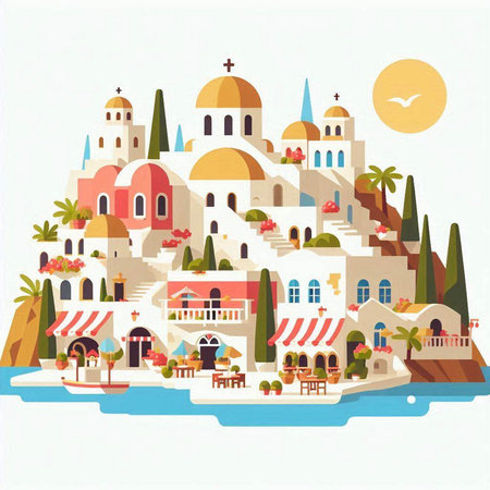 Santorini island in Greece. Flat design vector illustration.のイラスト素材