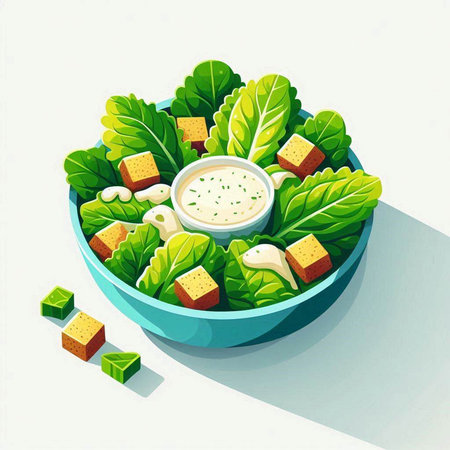 Vector illustration of a bowl of salad with croutons, cheese and lettuceのイラスト素材