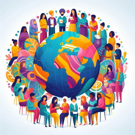 Global communication concept with people around the world. Vector flat illustration.のイラスト素材