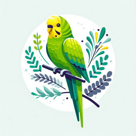 Green parrot sitting on a branch with leaves. Vector illustration.のイラスト素材