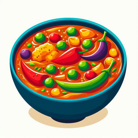 Vector illustration of a bowl of spicy chili soup with vegetables on a white backgroundのイラスト素材