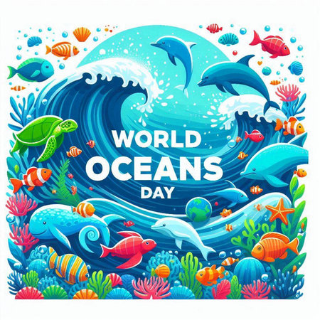 World Ocean Day banner with cartoon sea creatures and ocean waves. Vector illustrationのイラスト素材