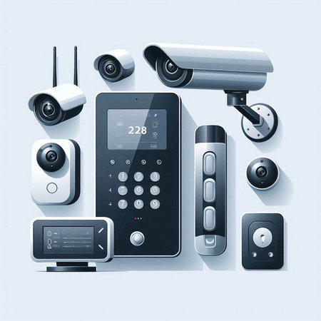 Set of security cameras and electronic devices on a white background. Vector illustration.
