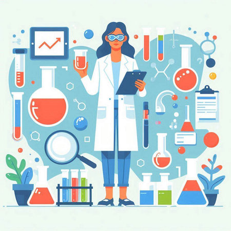 Flat design vector illustration concept of scientific research and development. Woman scientist in laboratory.のイラスト素材