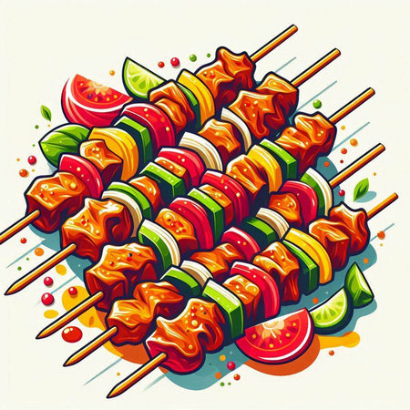 Illustration of grilled meat on skewers with vegetables on a white backgroundのイラスト素材