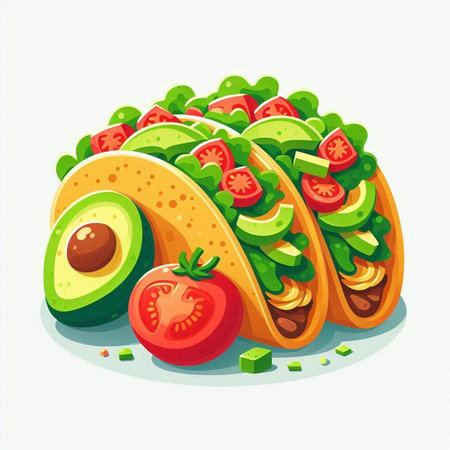 Tacos with avocado, tomato and cucumber. Vector illustration.のイラスト素材