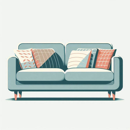 Comfortable sofa with pillows. Vector illustration in retro style.のイラスト素材