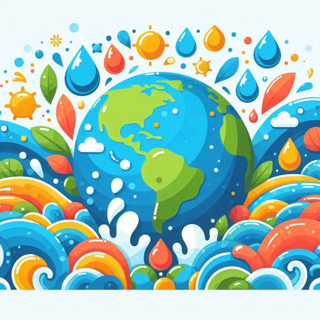 Cartoon illustration of Earth day background with water drops and planet.のイラスト素材