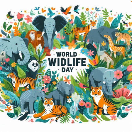 World Wildlife Day. Vector illustration with cute cartoon animals and plants.