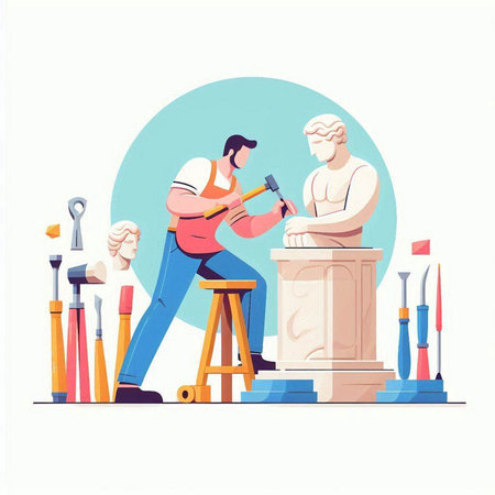 Flat design vector illustration of a man hammering a nail into a marble statueのイラスト素材