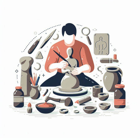 Hand drawn vector illustration of a potter making a pottery wheelのイラスト素材