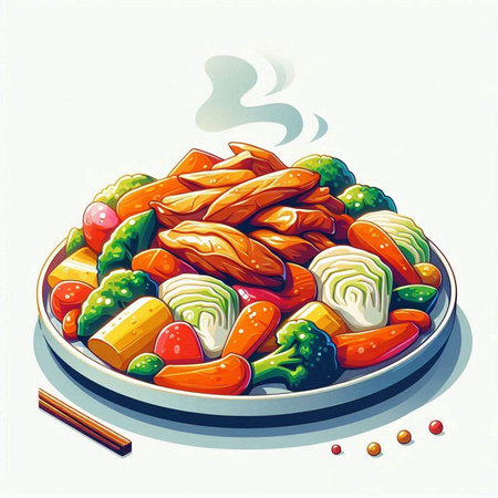 Illustration of a bowl of Chinese cuisine with vegetables and meat.