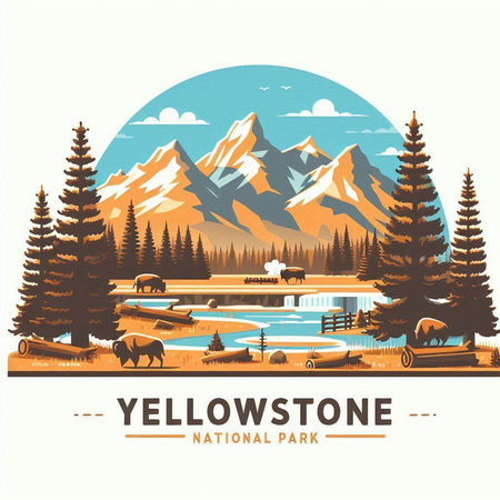 Vector illustration of a landscape with mountains, lake and forest in retro styleのイラスト素材