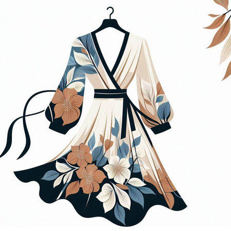 Japanese-style dress with floral pattern on a hanger. Vector illustration.のイラスト素材
