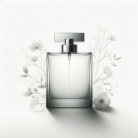 Perfume bottle with flowers and leaves on a white background.のイラスト素材