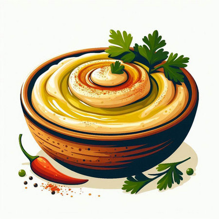 Bowl of hummus with paprika and parsley, vector illustrationのイラスト素材