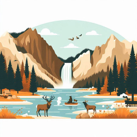 Mountains, lake and forest with reindeer. Vector illustrationのイラスト素材