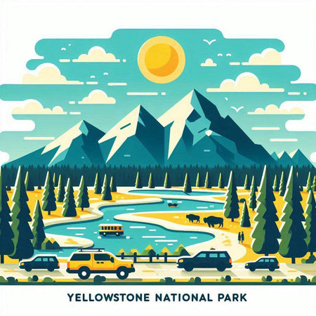 Vector illustration of a mountain landscape with a river, mountains, trees and a car on the roadのイラスト素材