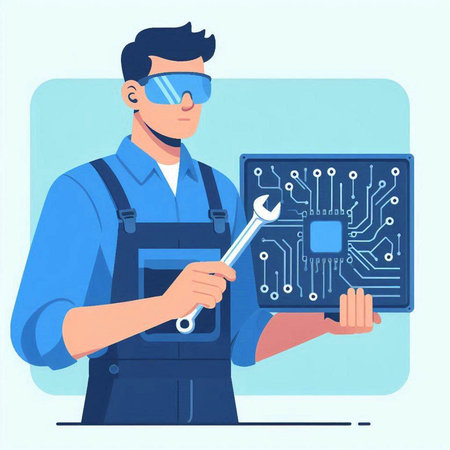 Technician with wrench and circuit board. Vector illustration in flat styleのイラスト素材