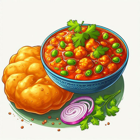 Illustration of a bowl of chickpea curry with onion and parsley