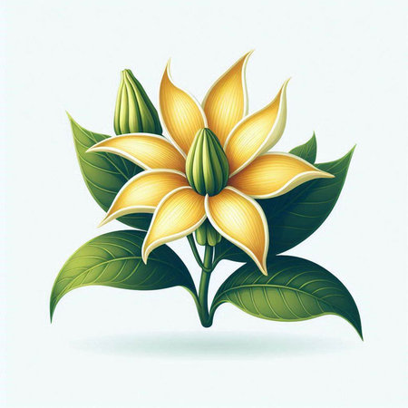 Illustration of a yellow flower with green leaves on a white backgroundのイラスト素材