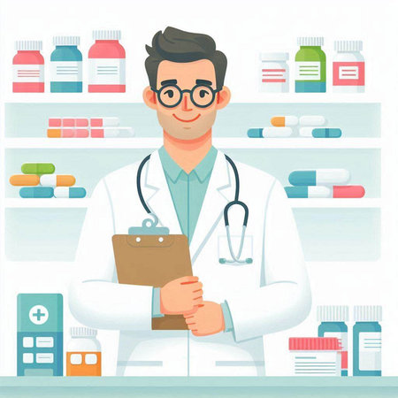 Male pharmacist standing in front of shelves with medicines. Vector illustration.のイラスト素材