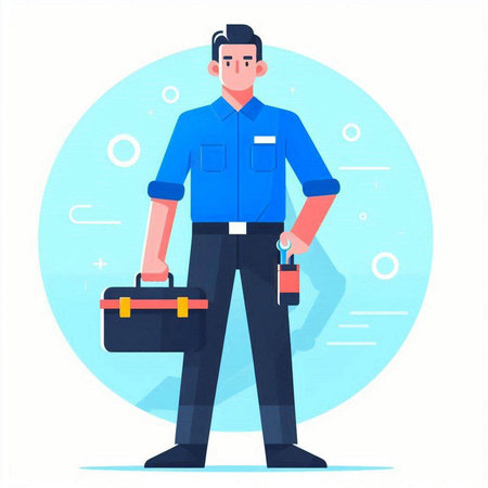 Vector illustration of a male security guard in blue uniform holding a toolbox.のイラスト素材