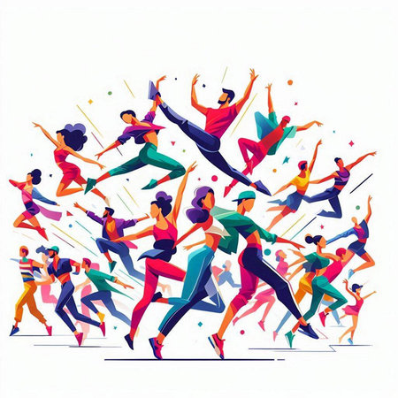 Vector illustration of a group of people dancing and jumping in the airのイラスト素材