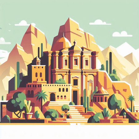 Egyptian temple in the mountains. Vector illustration in retro style.のイラスト素材