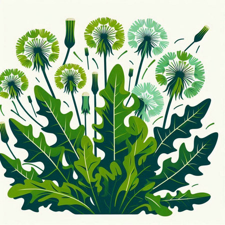 Dandelion background with green leaves and seeds. Vector illustration.のイラスト素材