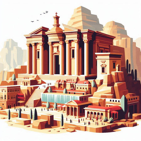 Egyptian temple in the desert. Vector illustration in retro style.のイラスト素材