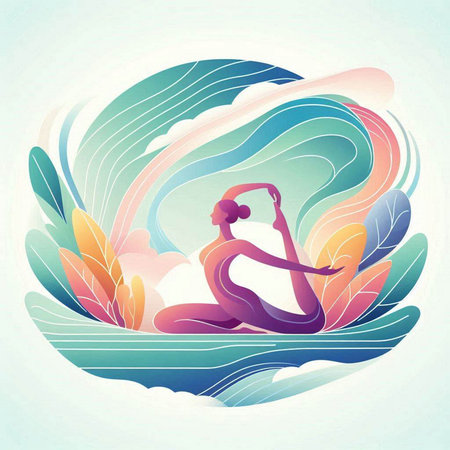 Beautiful woman practicing yoga in the nature. Colorful vector illustration.のイラスト素材