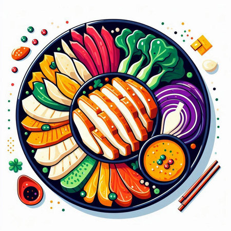Illustration of grilled salmon and vegetables on a plate. Vector illustration.のイラスト素材