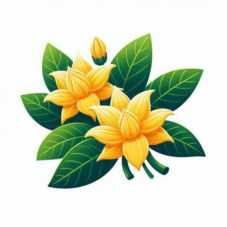 Illustration of yellow flowers with green leaves isolated on white background.のイラスト素材