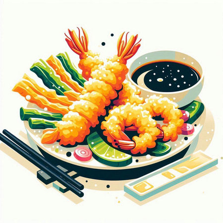 Illustration of japanese cuisine with shrimps on a plateのイラスト素材