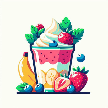 Fruit smoothie with strawberries, blueberries, bananas and whipped cream. Vector illustration.のイラスト素材