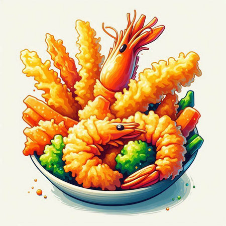Illustration of shrimp in a bowl with vegetables on a white backgroundのイラスト素材