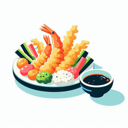 Illustration of japanese food with shrimps on plateのイラスト素材