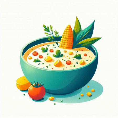 Illustration of a bowl of vegetable soup with corn and tomatoes.のイラスト素材