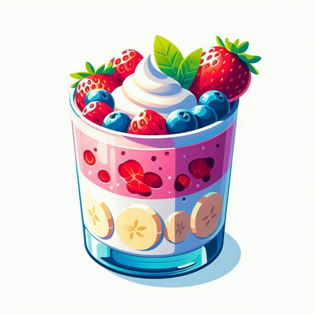 Fruit yogurt in a glass with strawberries, blueberries and bananas. Vector illustration.のイラスト素材